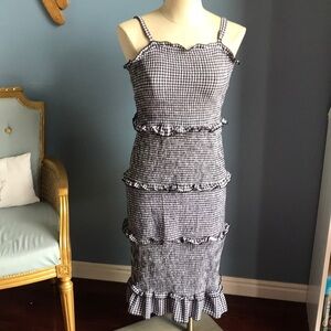 Black & white checkered pattern bodycon stretch layered ruffly strappy dress M